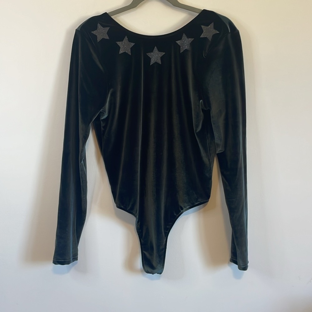 Victorias Sport Velvet Leotard Large Black Glitter Bodysuit Star Long Sleeve